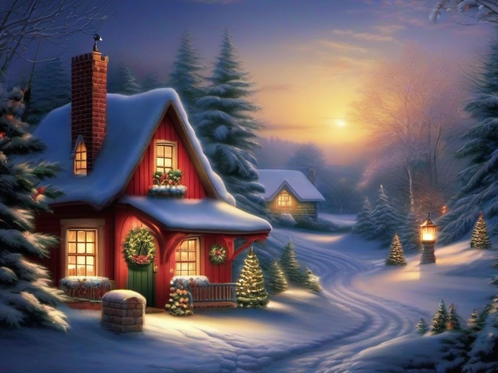 1024x768 Christmas Cottage Wallpaper