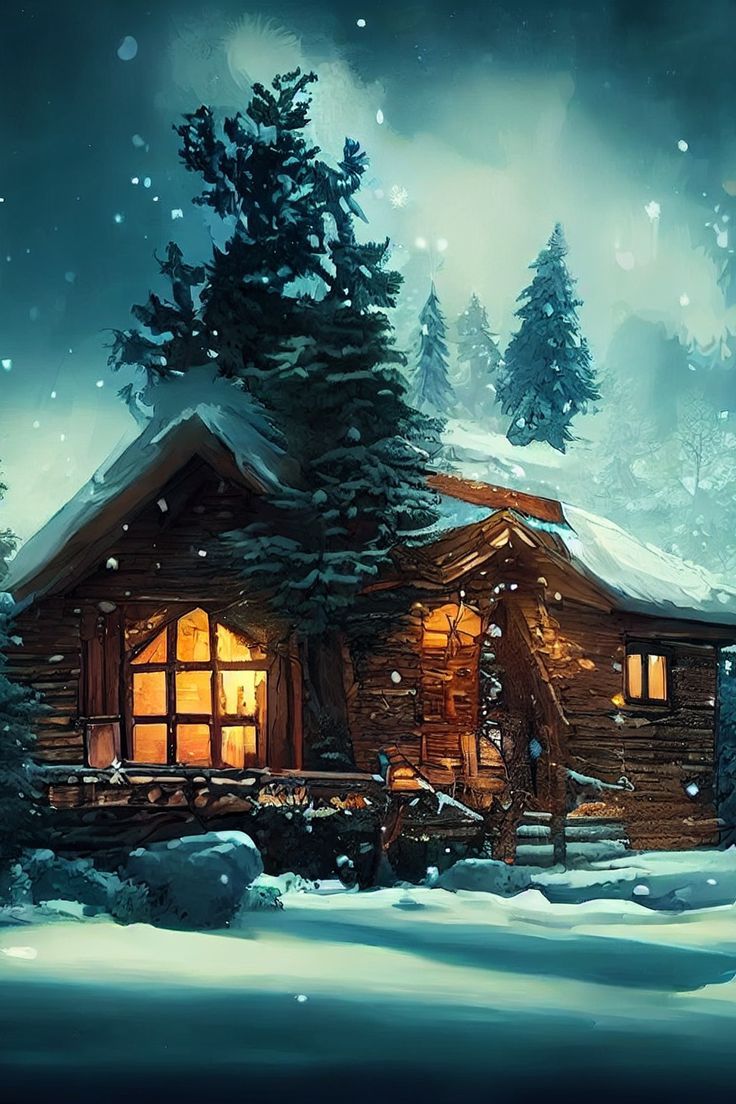 736x1104 Winter Christmas Cabin. Blue Desktop