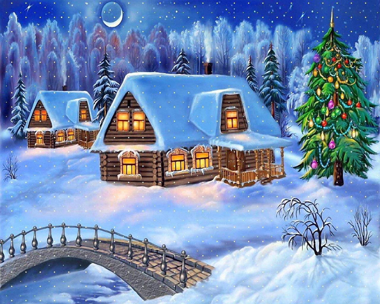 1280x1024 Winter Christmas Log Cabin Wallpaper