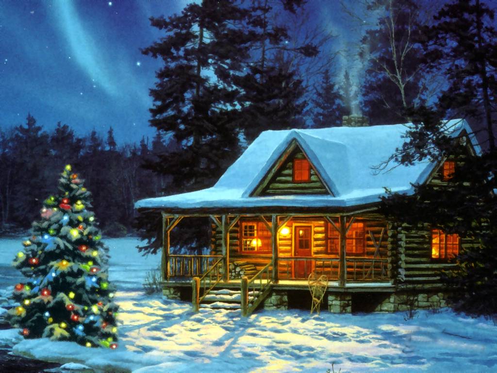 1024x768 Winter Cabin Christmas Wallpaper