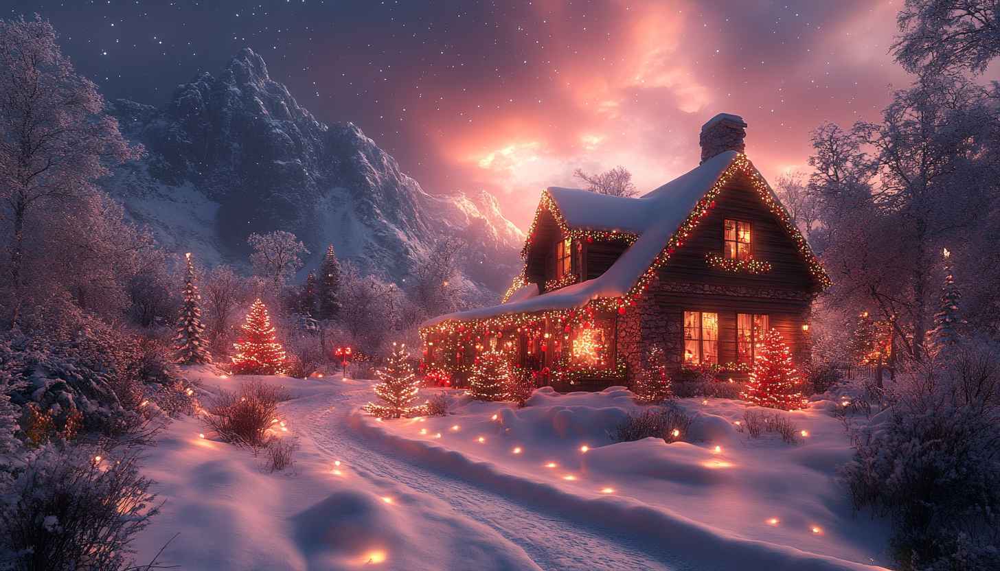 1456x832 Cozy Christmas Cabin 4K Wallpaper
