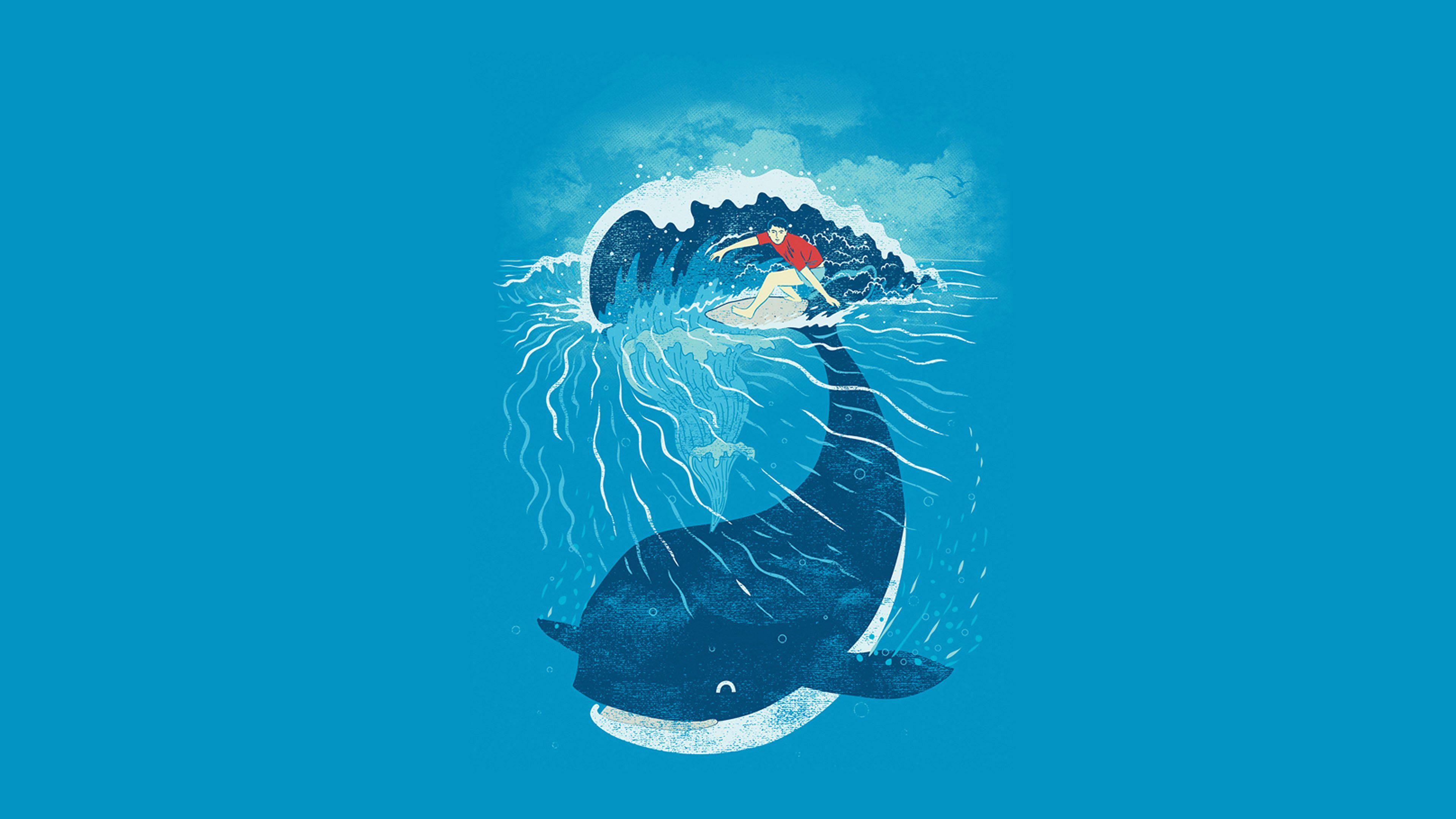3840x2160 Whale Wave Animal Illust Art Sea