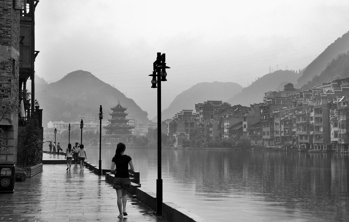 1332x850 Wallpaper China, girl, river, rain, National Geographic