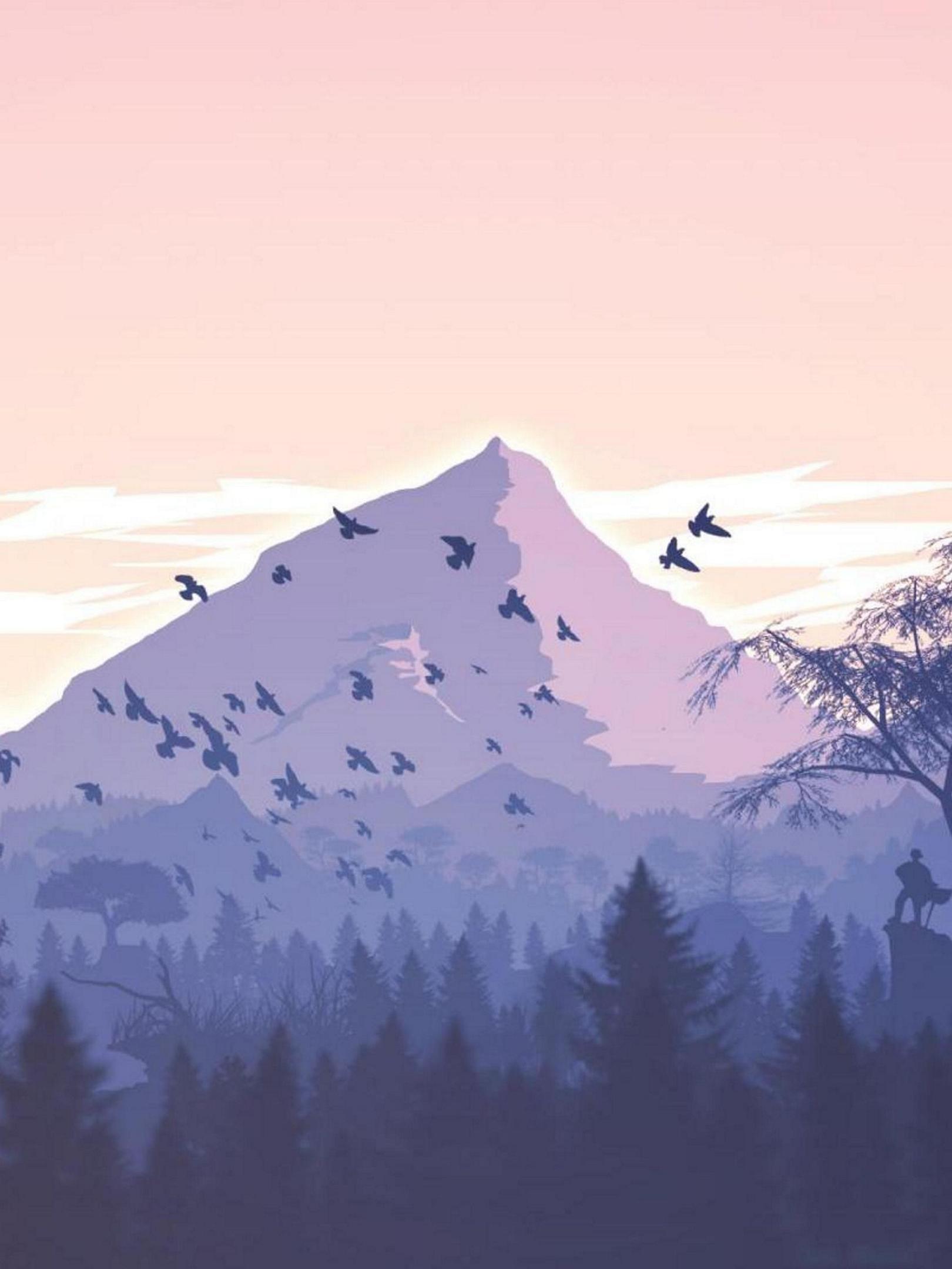 1620x2160 Minimalism Birds Mountains Trees Forest