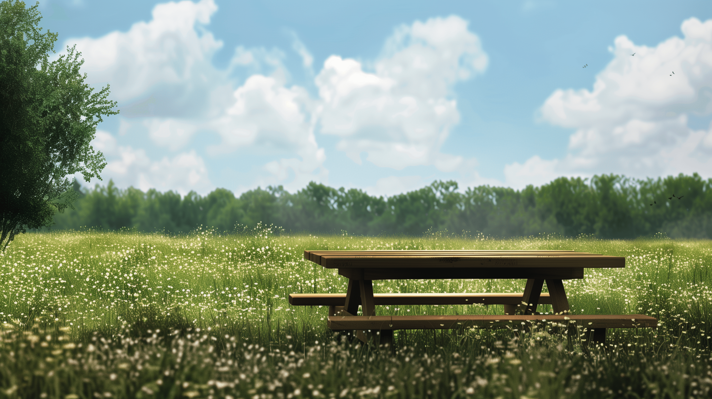 2912x1632 Sunny Meadow Picnic Bench HD Wallpaper