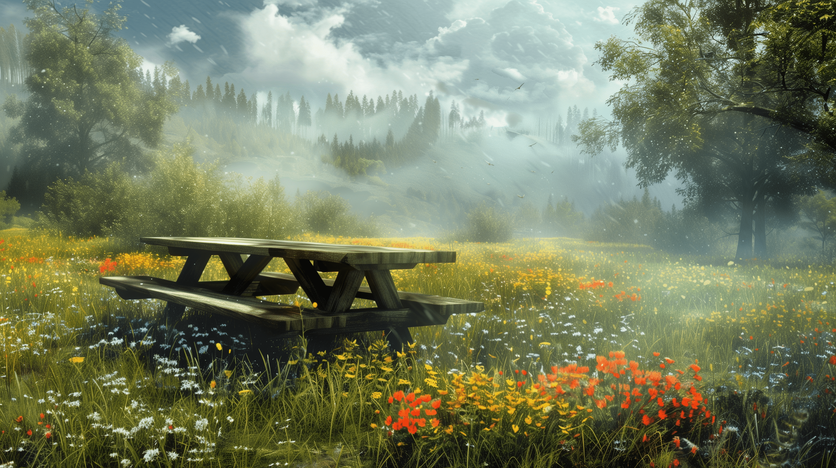 2912x1632 Idyllic Picnic Table in Flower Meadow