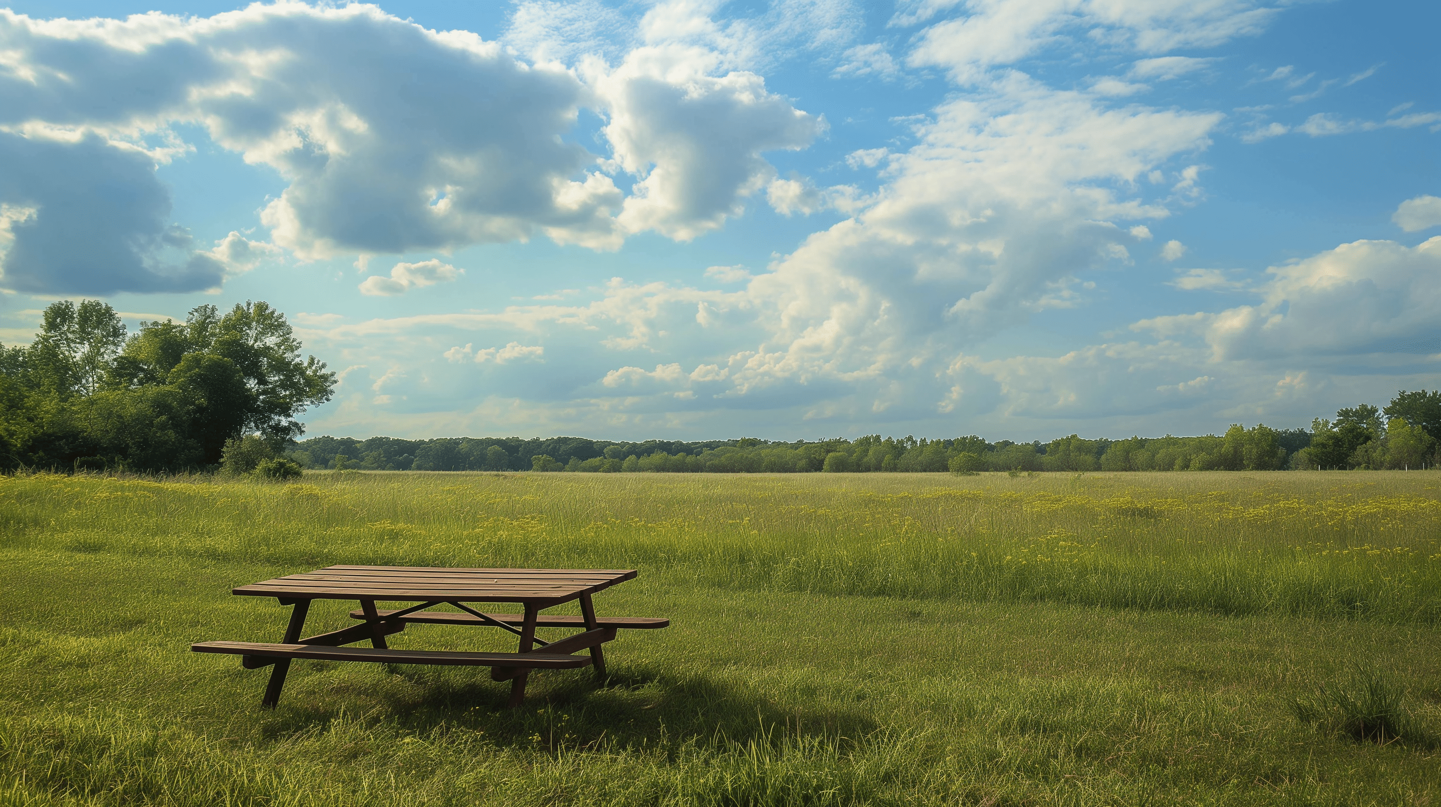 2912x1632 Idyllic Picnic Table Landscape HD Wallpaper