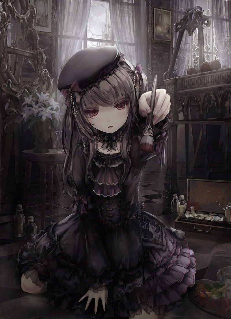 800x1106 Gothic anime girl, lolita, dress, brush