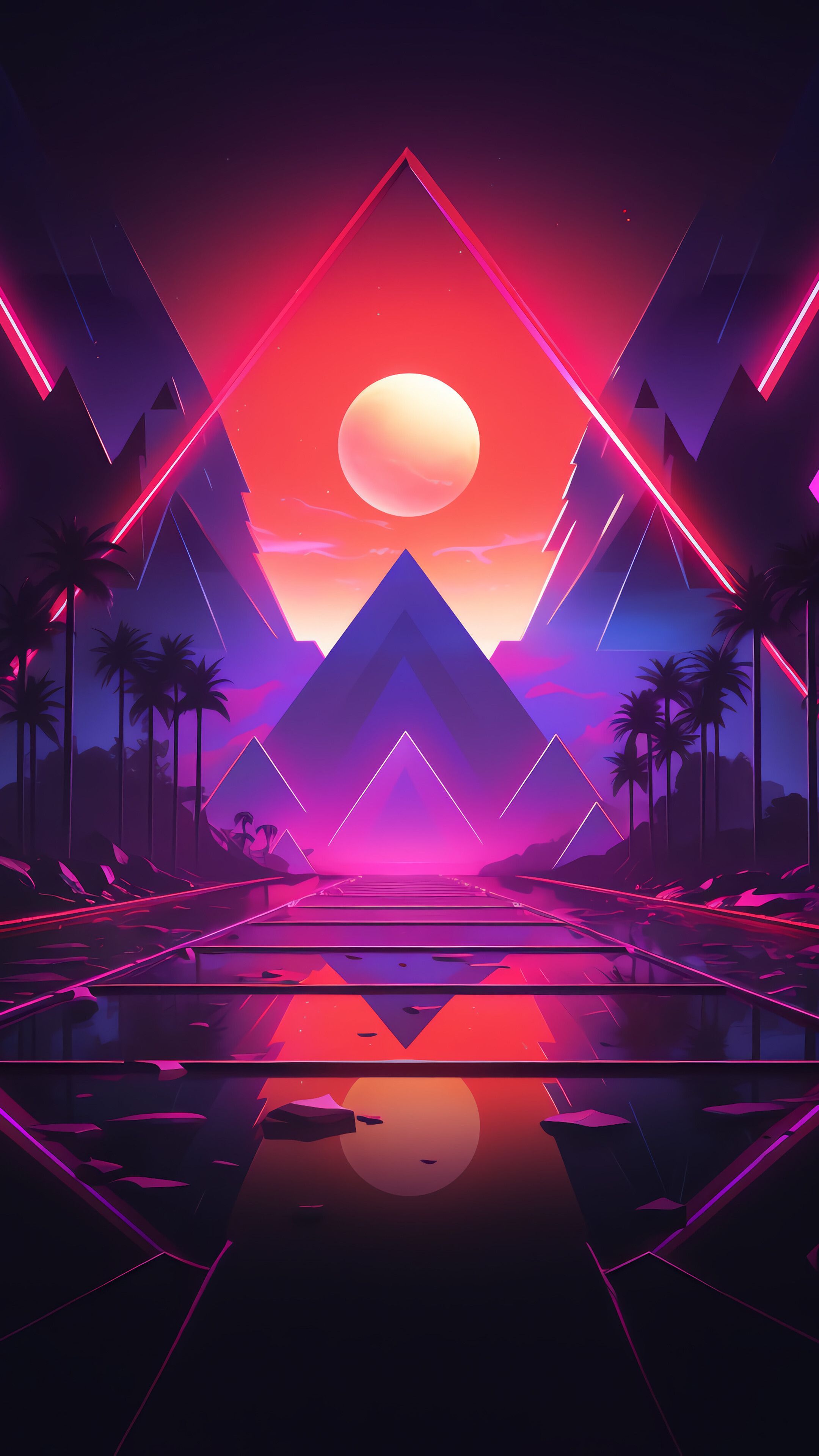 2160x3840 Synthwave Retrowave Moon Road Palm Tree