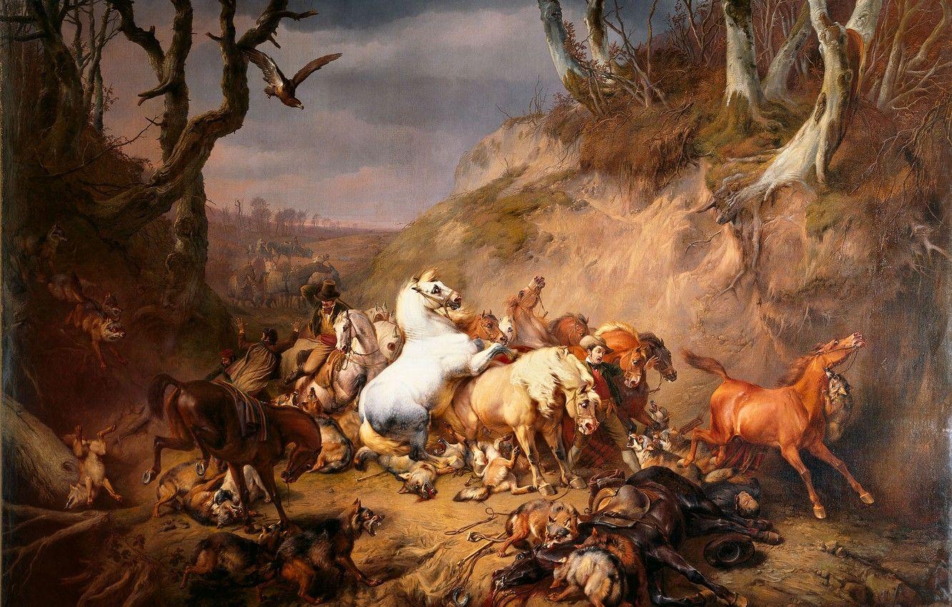 1332x850 Wallpaper landscape, people, eagle, blood, horses, pack
