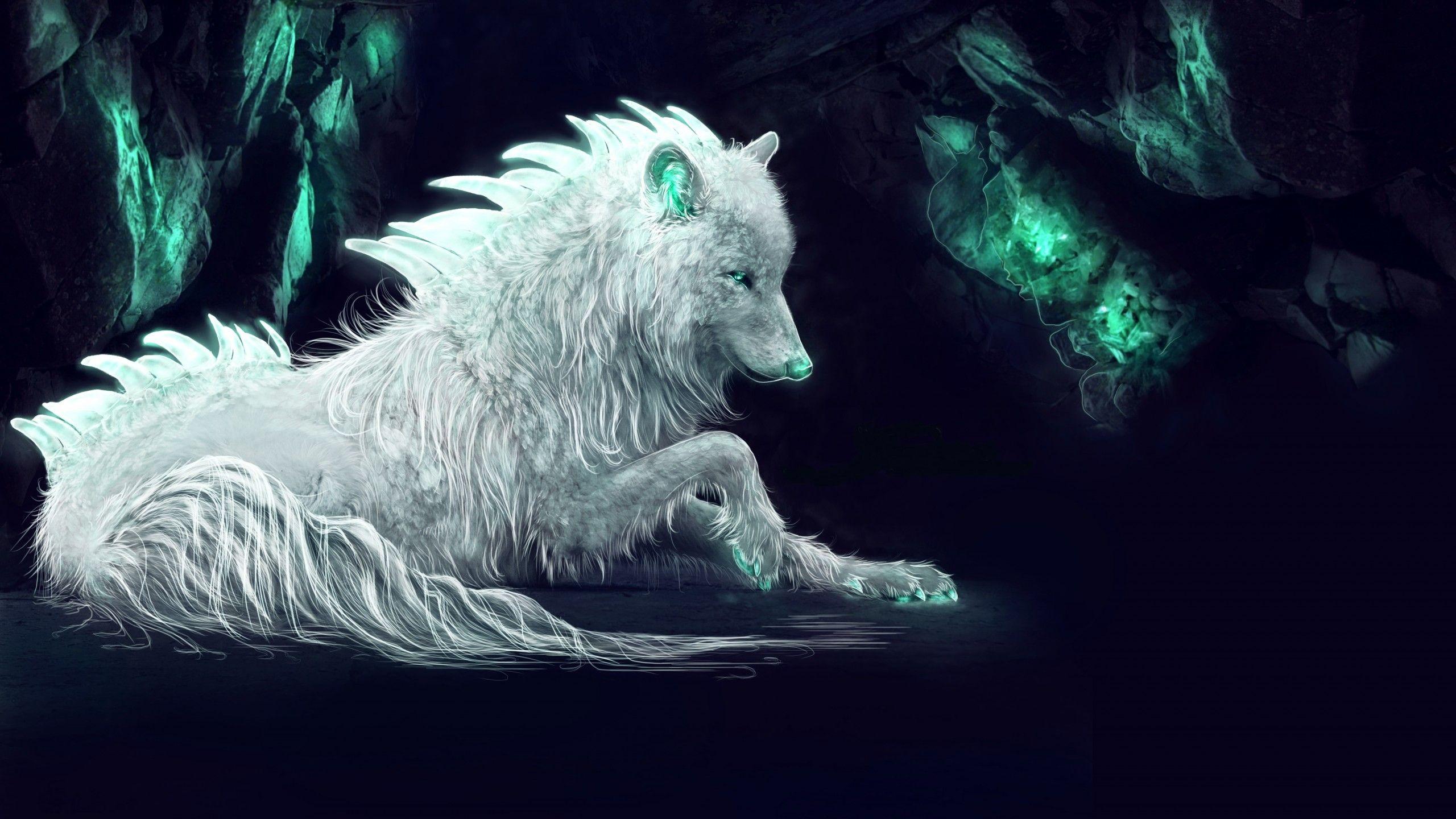 2560x1440 Wallpaper White wolf, Arctic wolf, Fantasy, Digital art, 4K