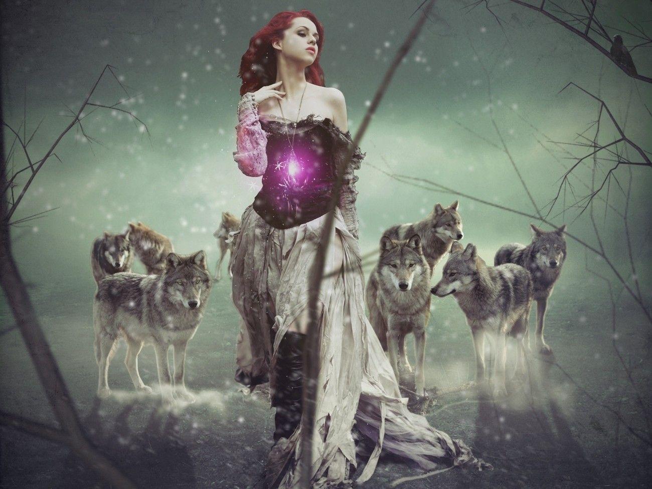 1300x975 women, trees, redheads, fantasy art, glowing, crows, amulet