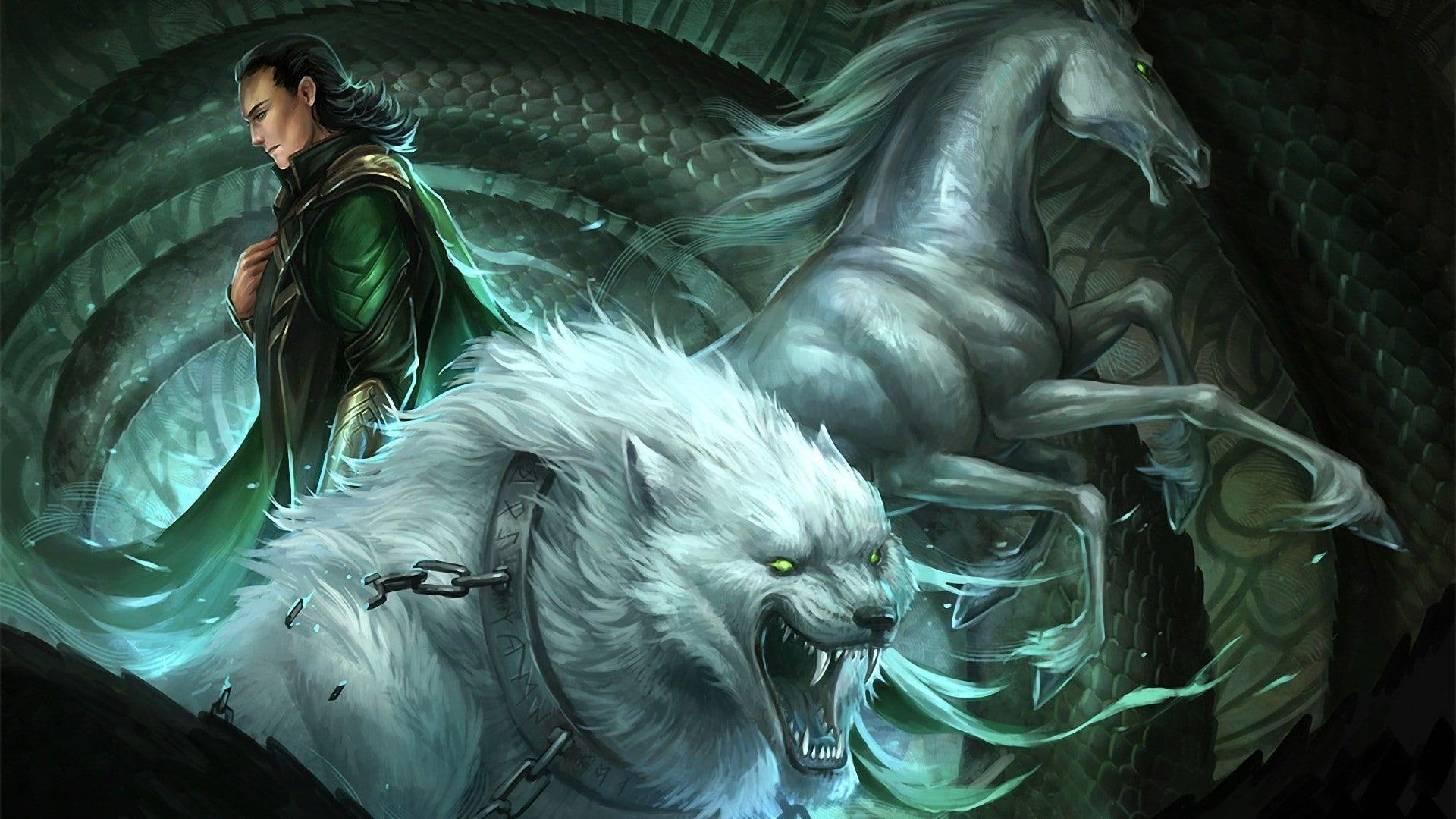 1920x1080 HD wallpaper: fantasy Art, horse, Loki, wolf