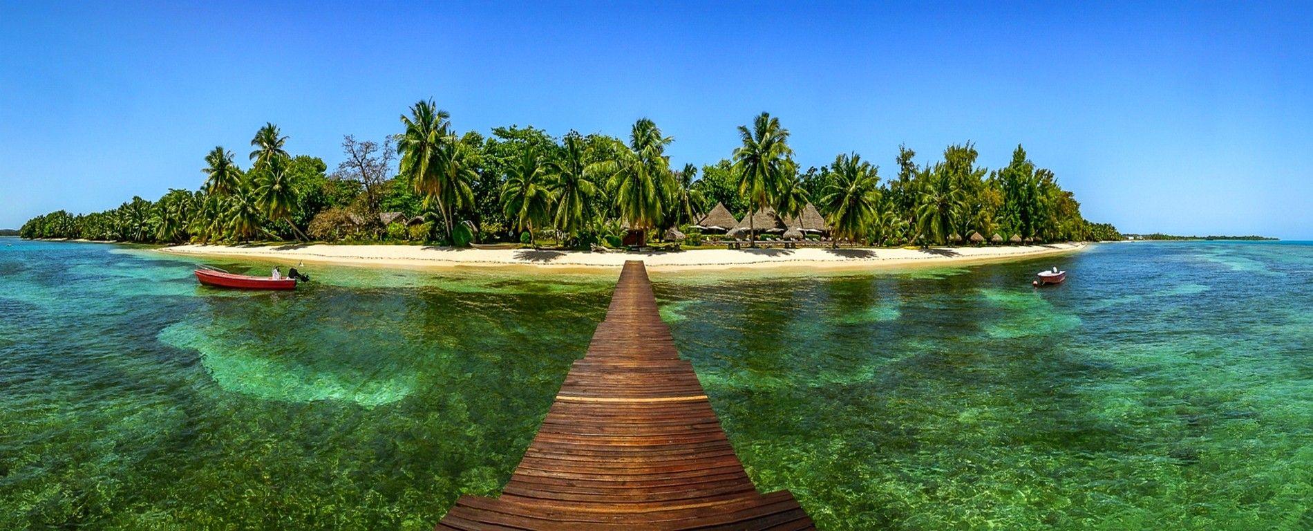 1900x768 #beach, #palm trees, #summer, #boat, #landscape