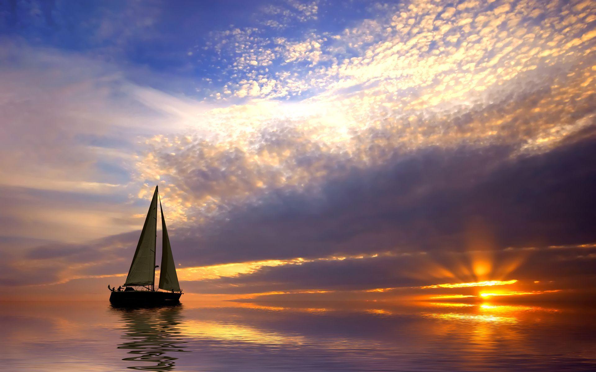 1920x1200 Boat Ocean Sunset Wallpaper