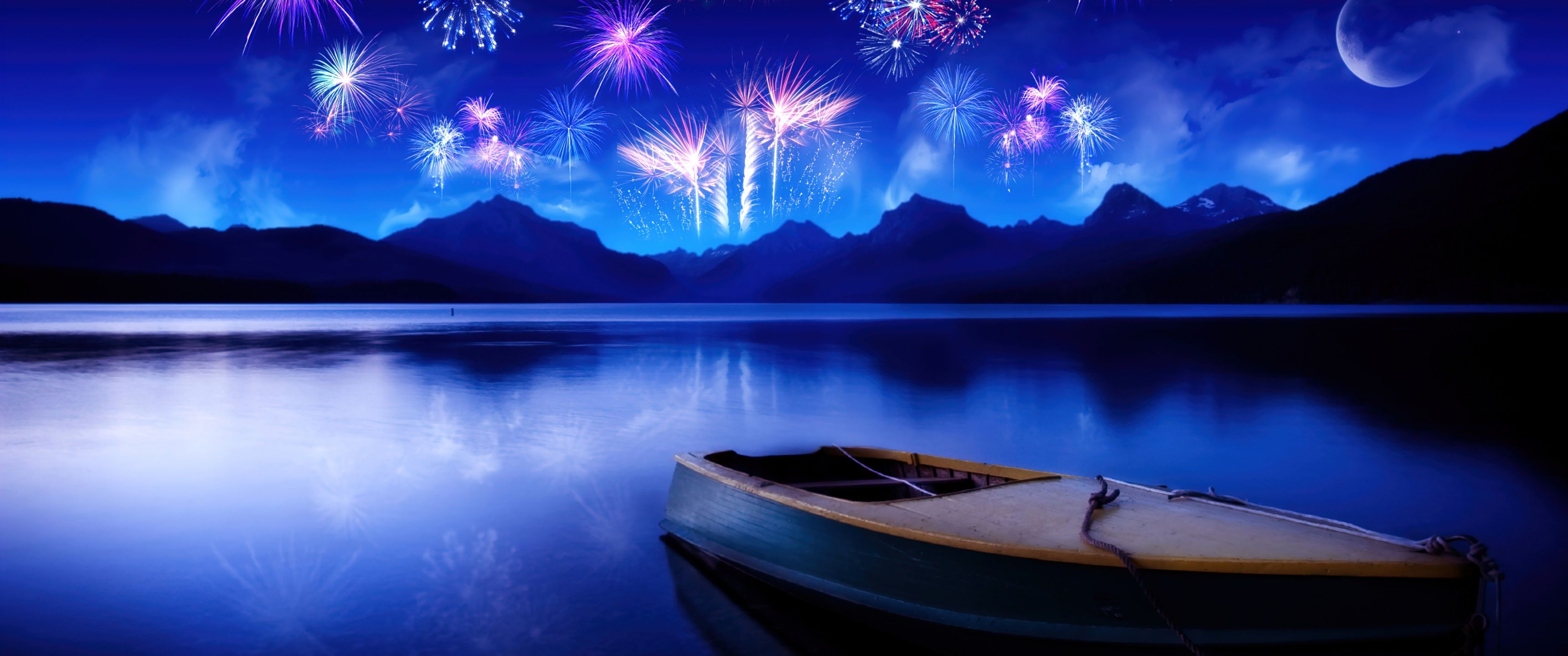 3440x1440 New Year Wallpaper 4K, Fireworks, Lake