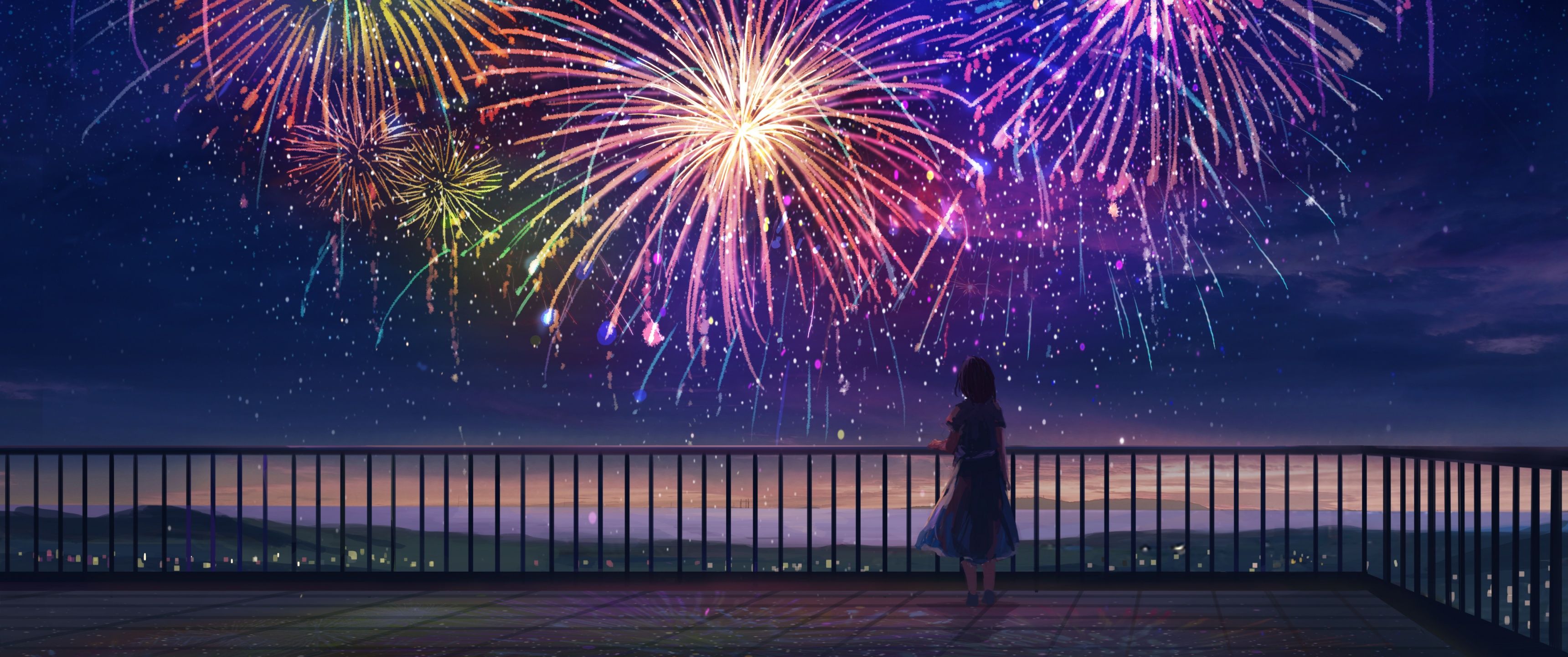 3440x1440 Anime girl Wallpaper 4K, Fireworks