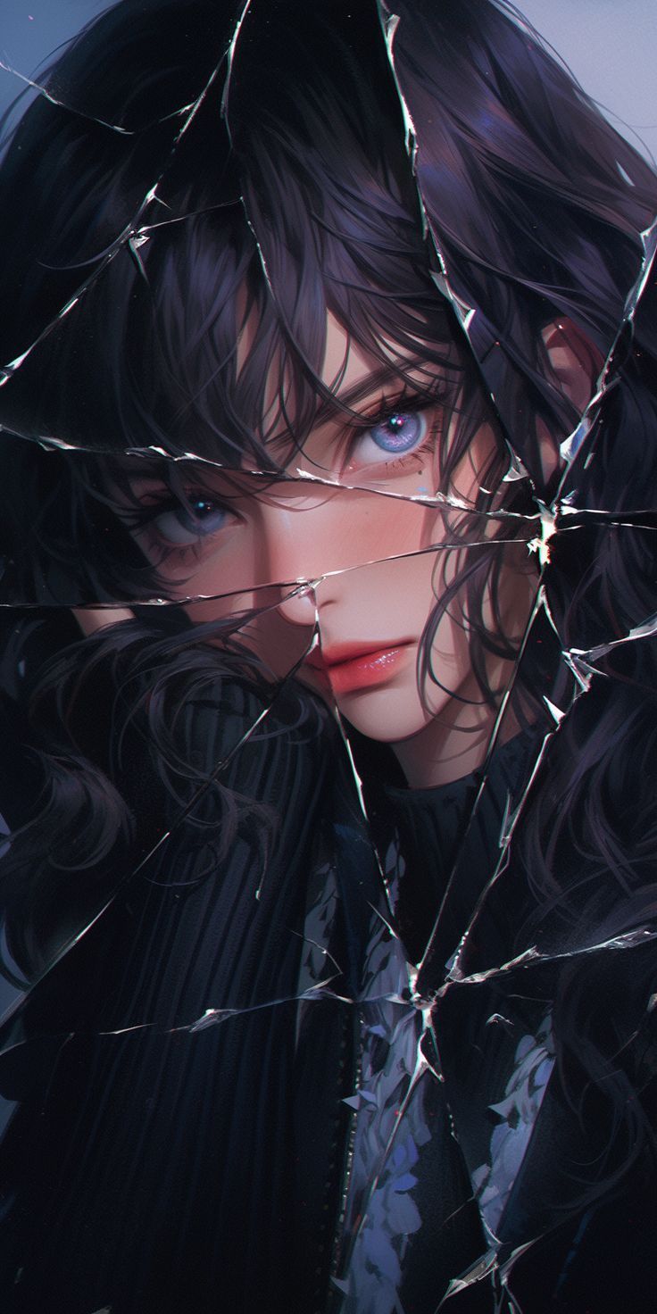 736x1472 woman with blue eyes behind a broken glass