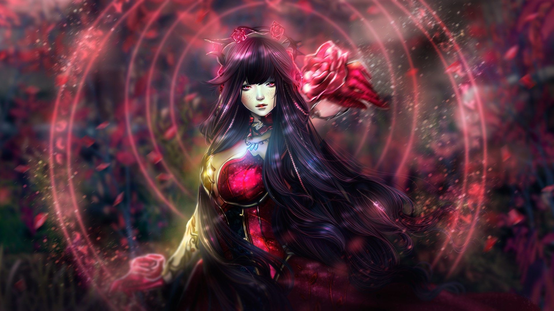 1920x1080 Pink Eye Anime Girl with Flower