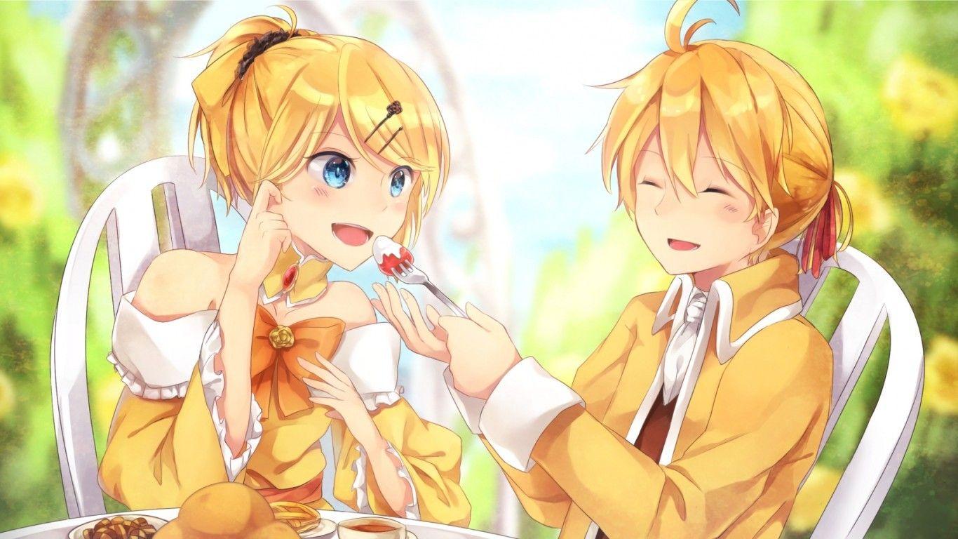 1366x768 Download 1366x768 Kagamine Len, Kagamine Rin, Blonde, Eating