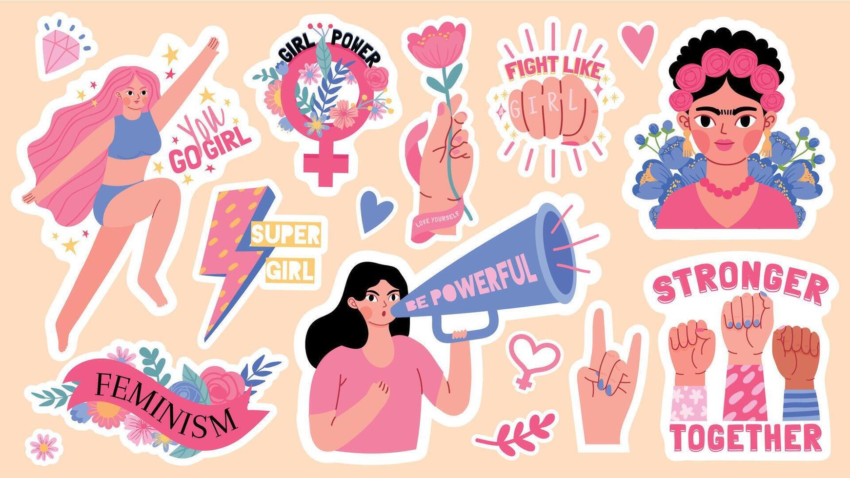1742x980 Cartoon stickers with feminism symbol