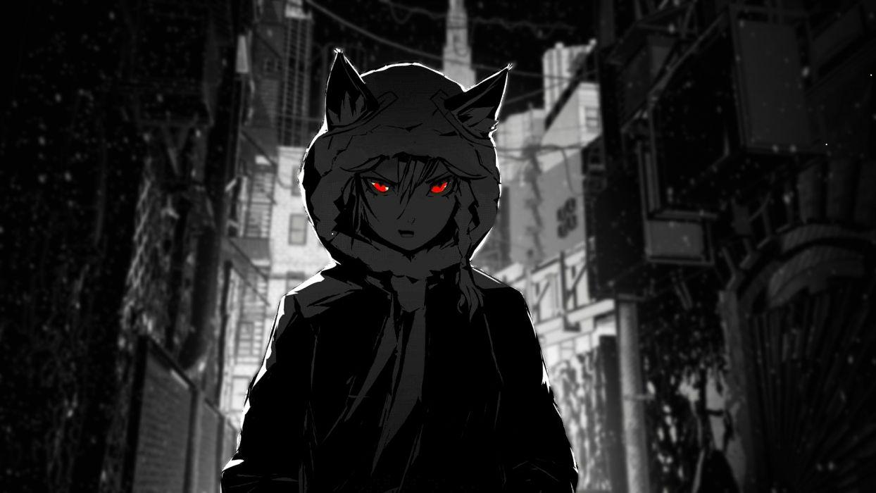 1244x700 Neko werewolf sarcasm eyes hood red grasyscale anime city snow wallpaperx1080