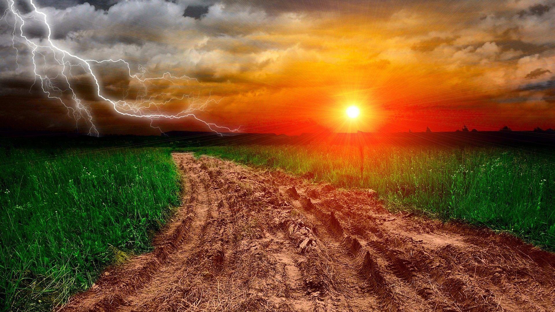 1920x1080 Download Sunrise Sunset Landscape Road Lightning Green