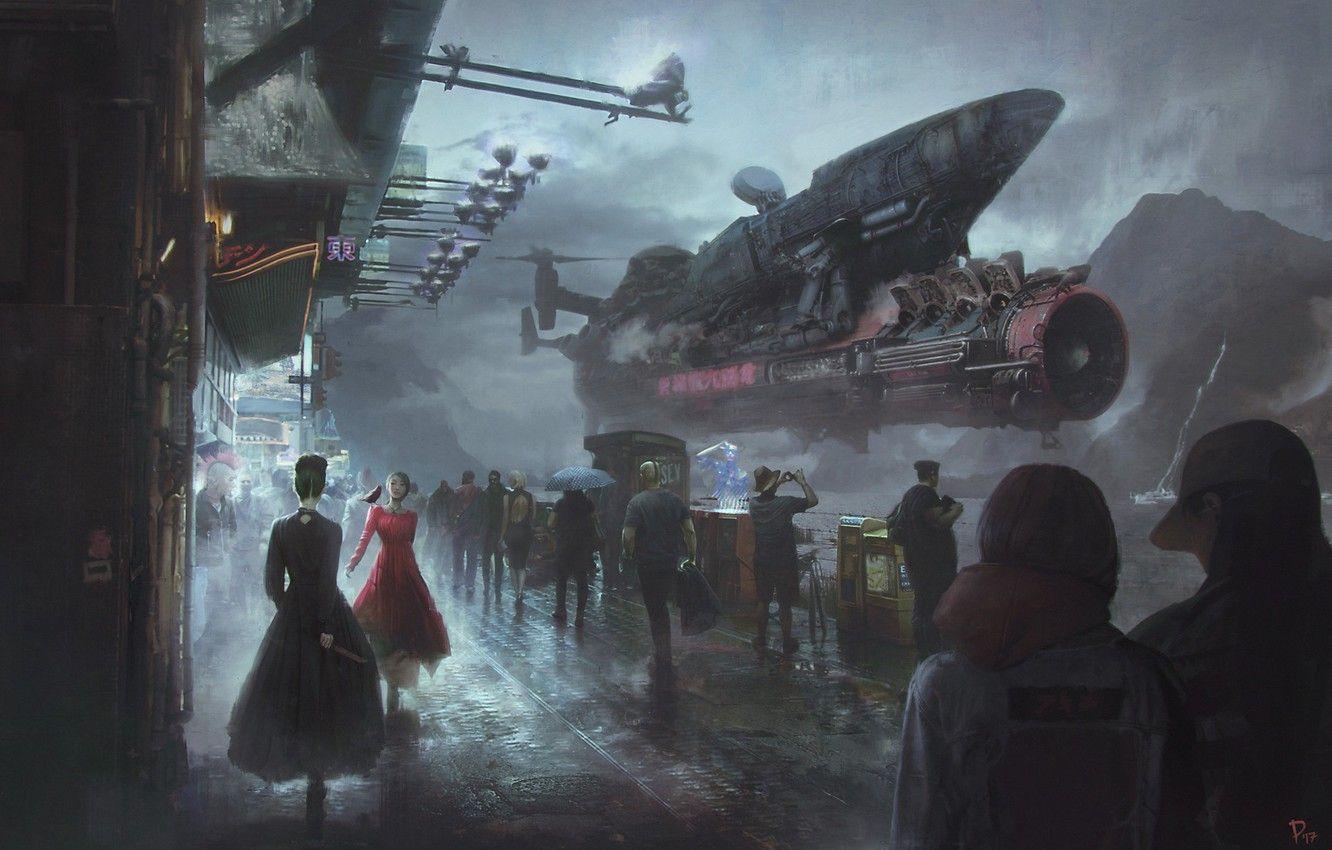 1332x850 Wallpaper People, Fiction, Street, Ship, Art, Sci Fi Image