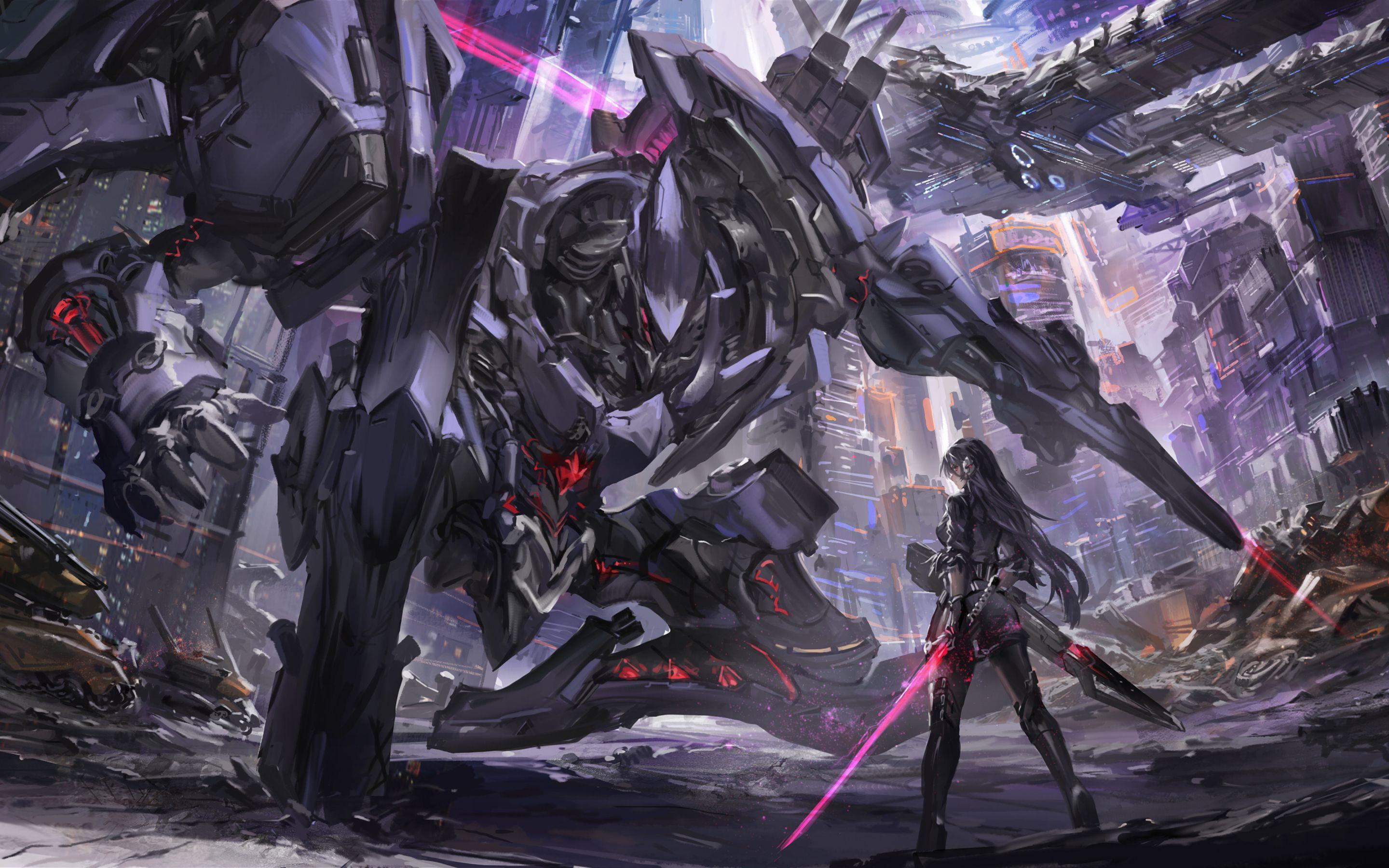 2880x1800 Download Wallpaper Female Warrior, Robot, Monster, Sci Fi