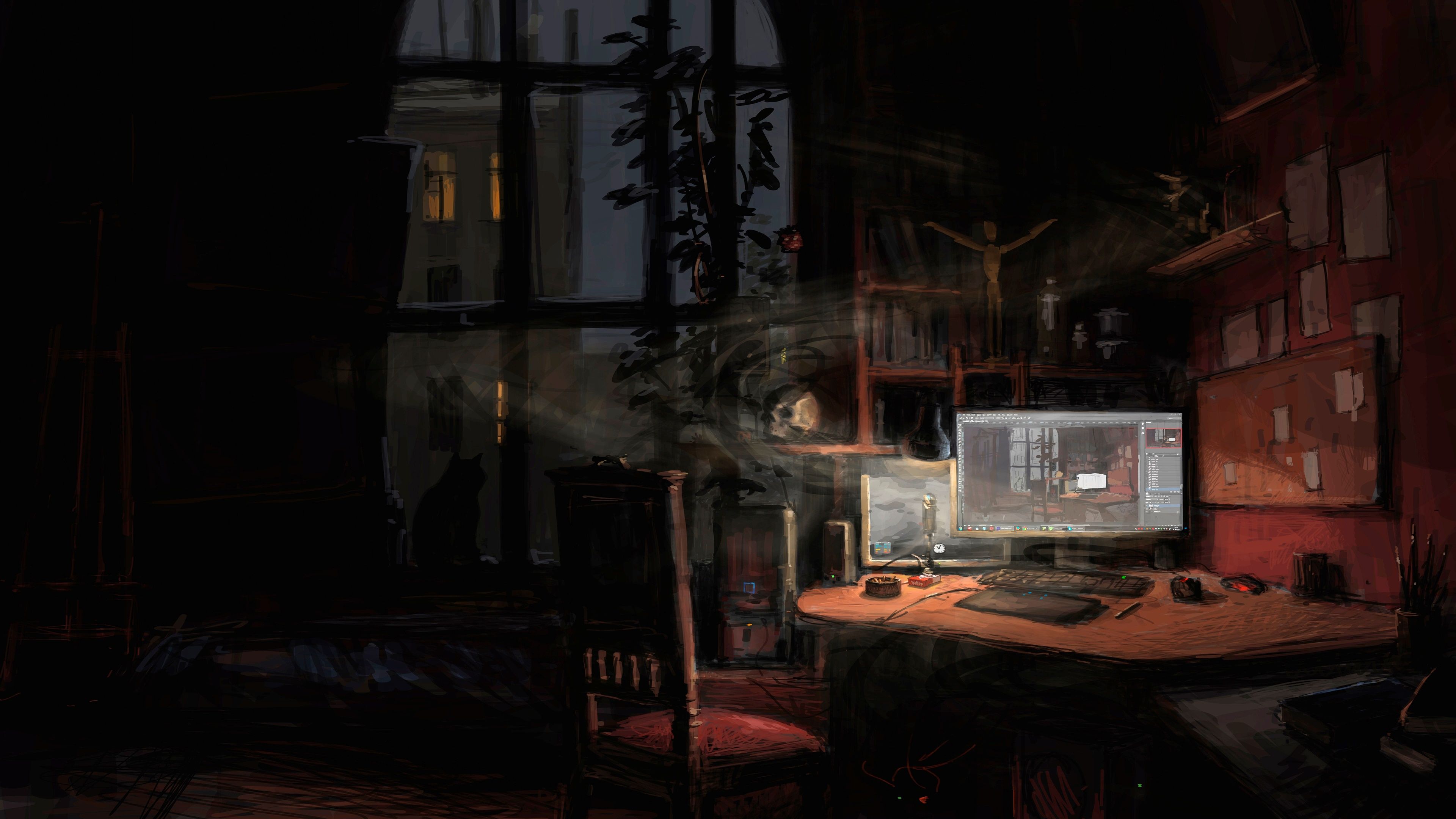 3840x2160 Dark room with computer