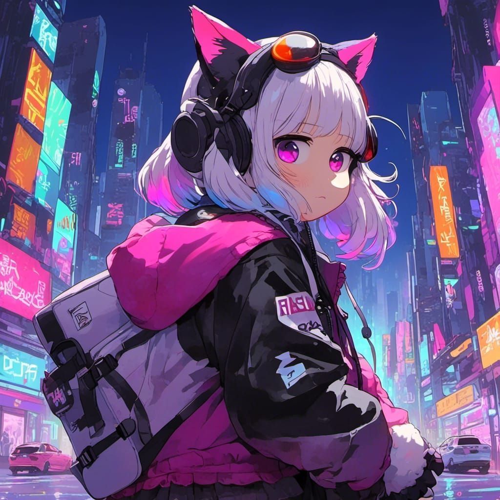 1024x1024 lora:Kanna Kamui:1.0> cyberpunk cat