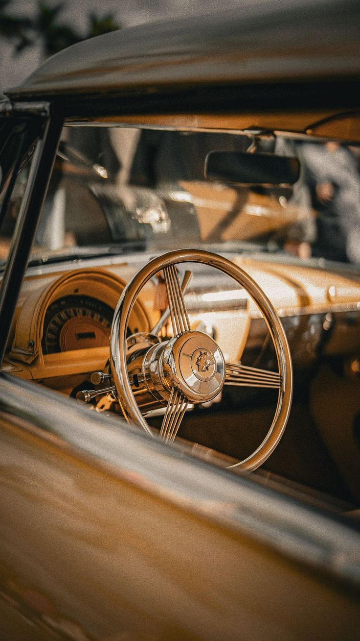 736x1308 free wallpaper 4K car, retro, vintage, yellow, interior, steering wheel for mobile and desktop