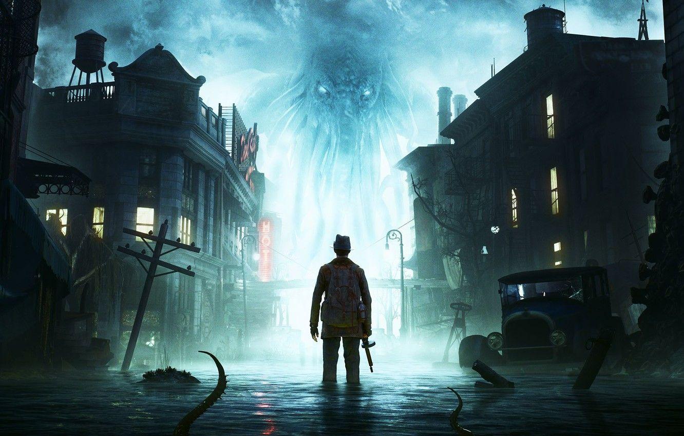 1332x850 Wallpaper city, horror, gun, game, Cthulhu, man, tentacles