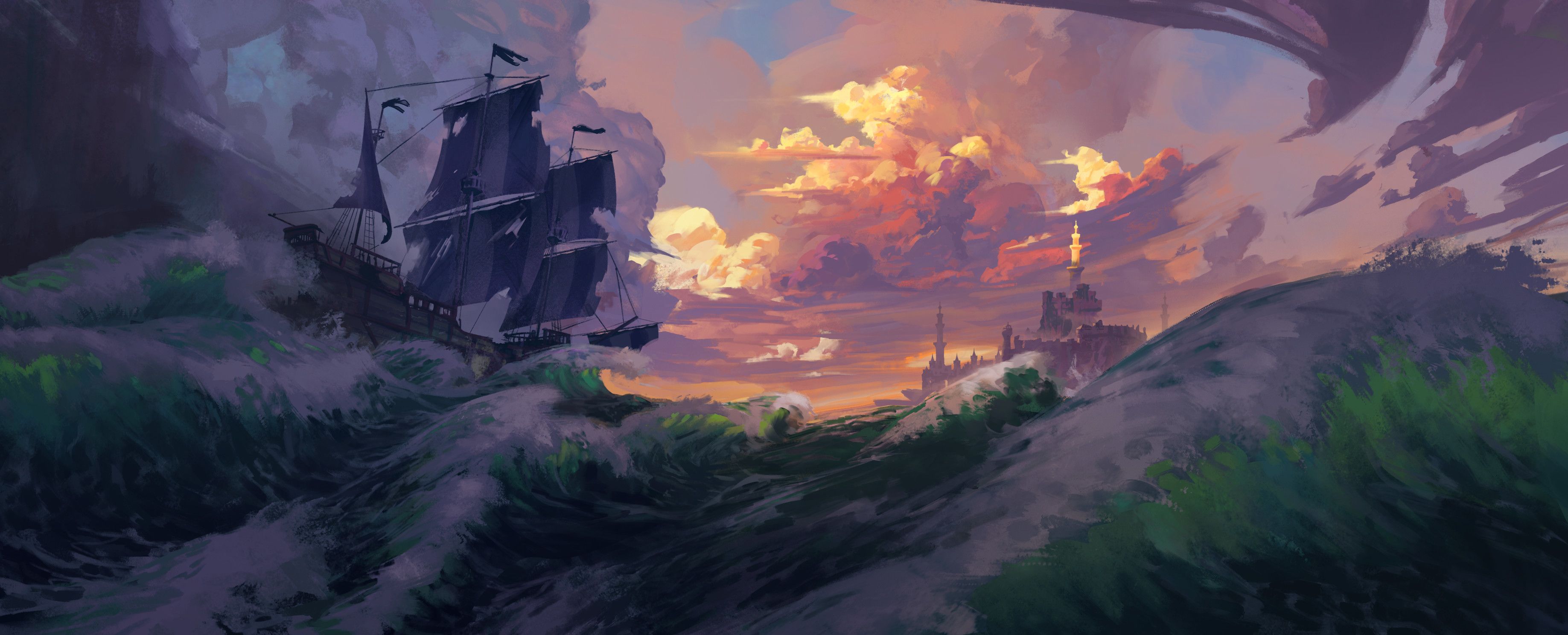 3674x1489 Artistic Sailing Ship in Ocean
