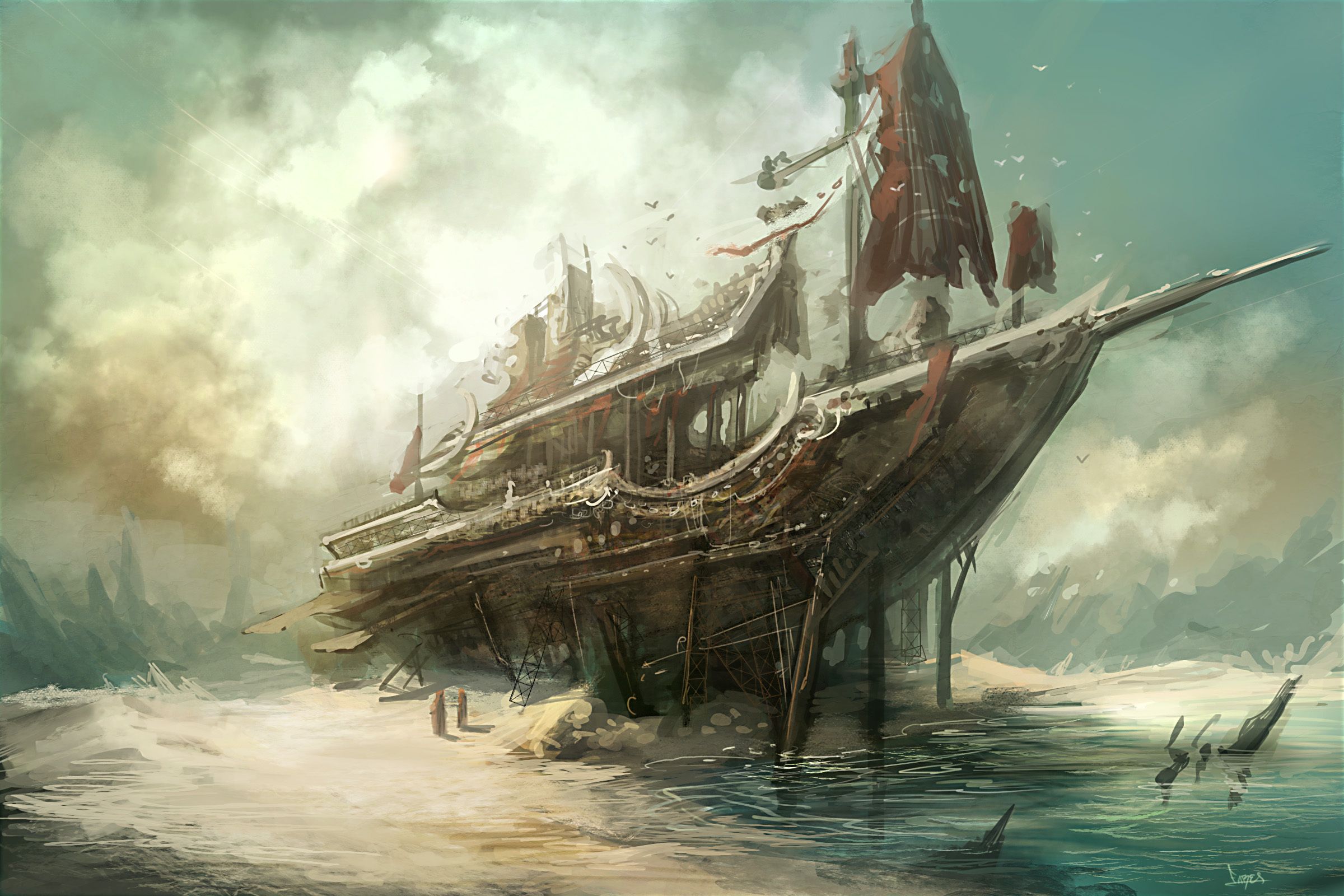 2400x1600 Wallpaper sea, shore, ship