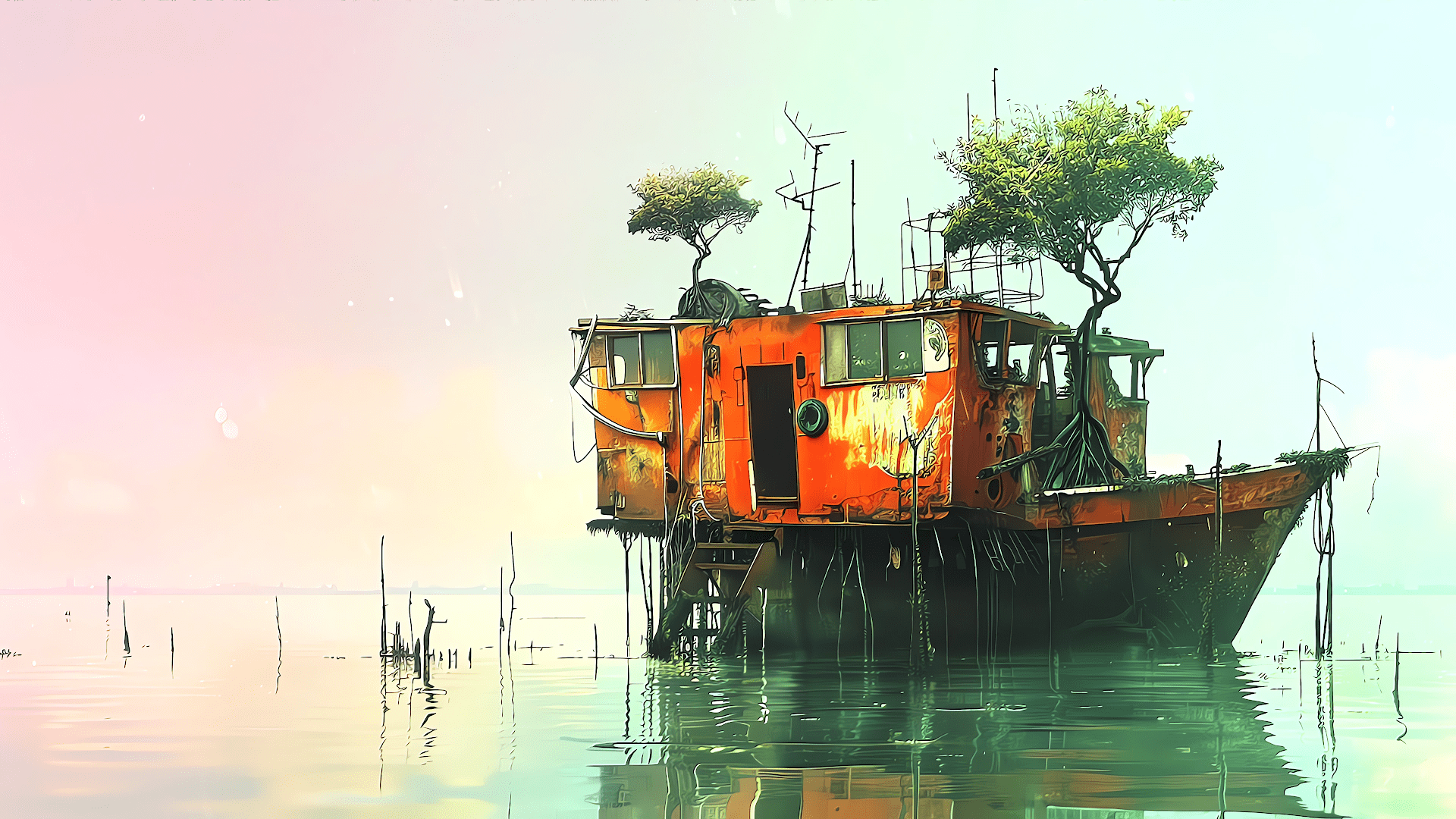 1920x1080 Stylized boat illustration, rusted ship