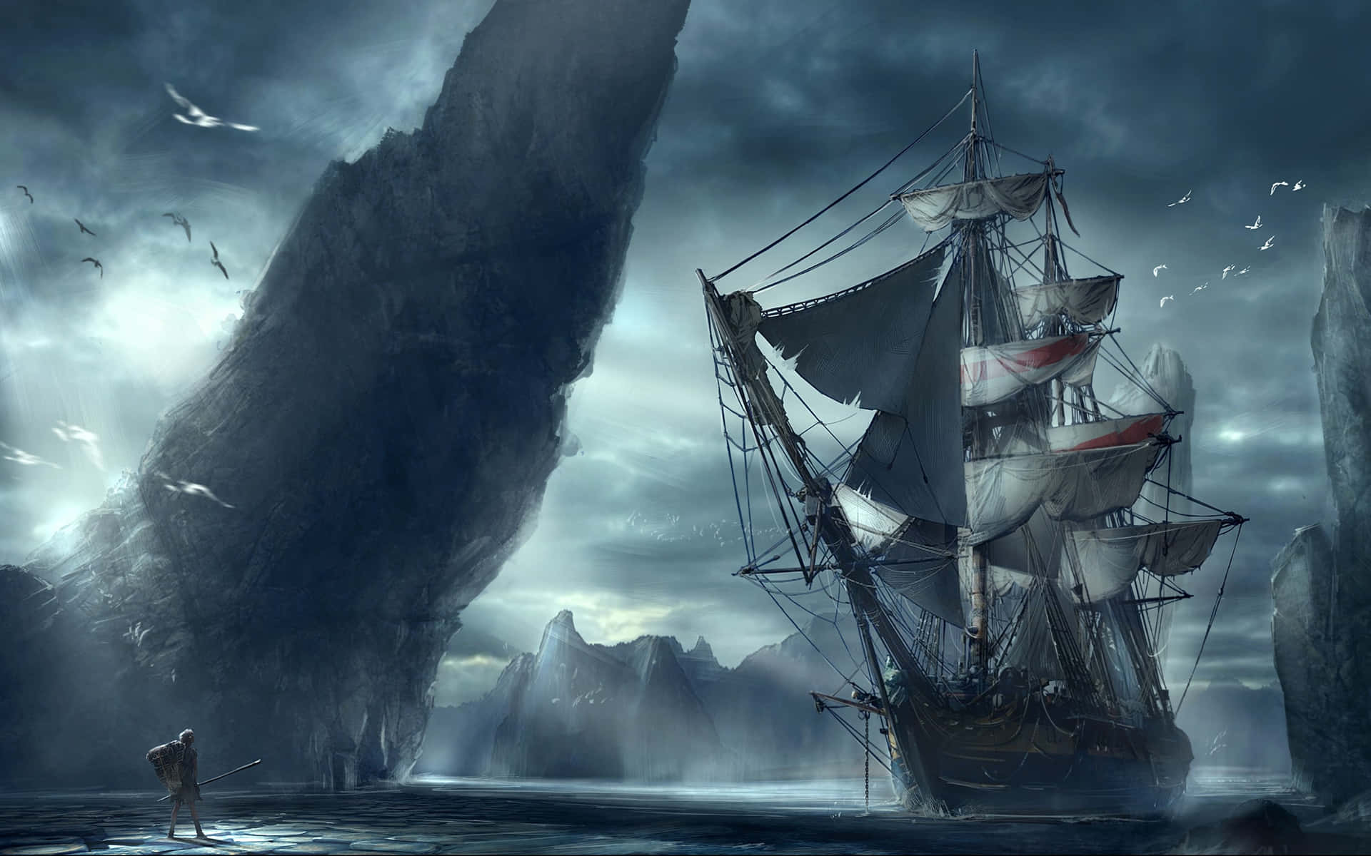 1920x1200 Pirate Ship Gloomy Sea Wallpaper
