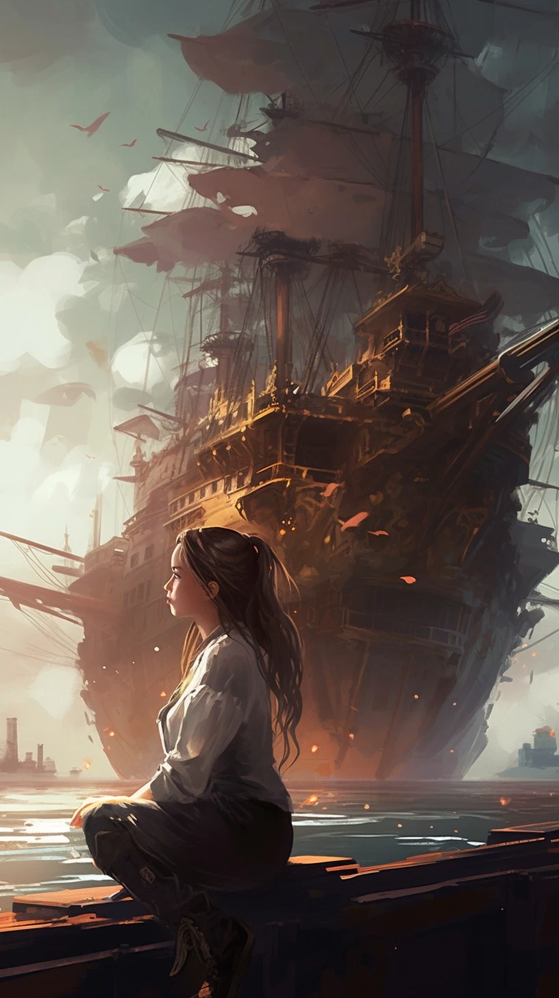 816x1456 Lonely Girl And The Flying Pirate Ship
