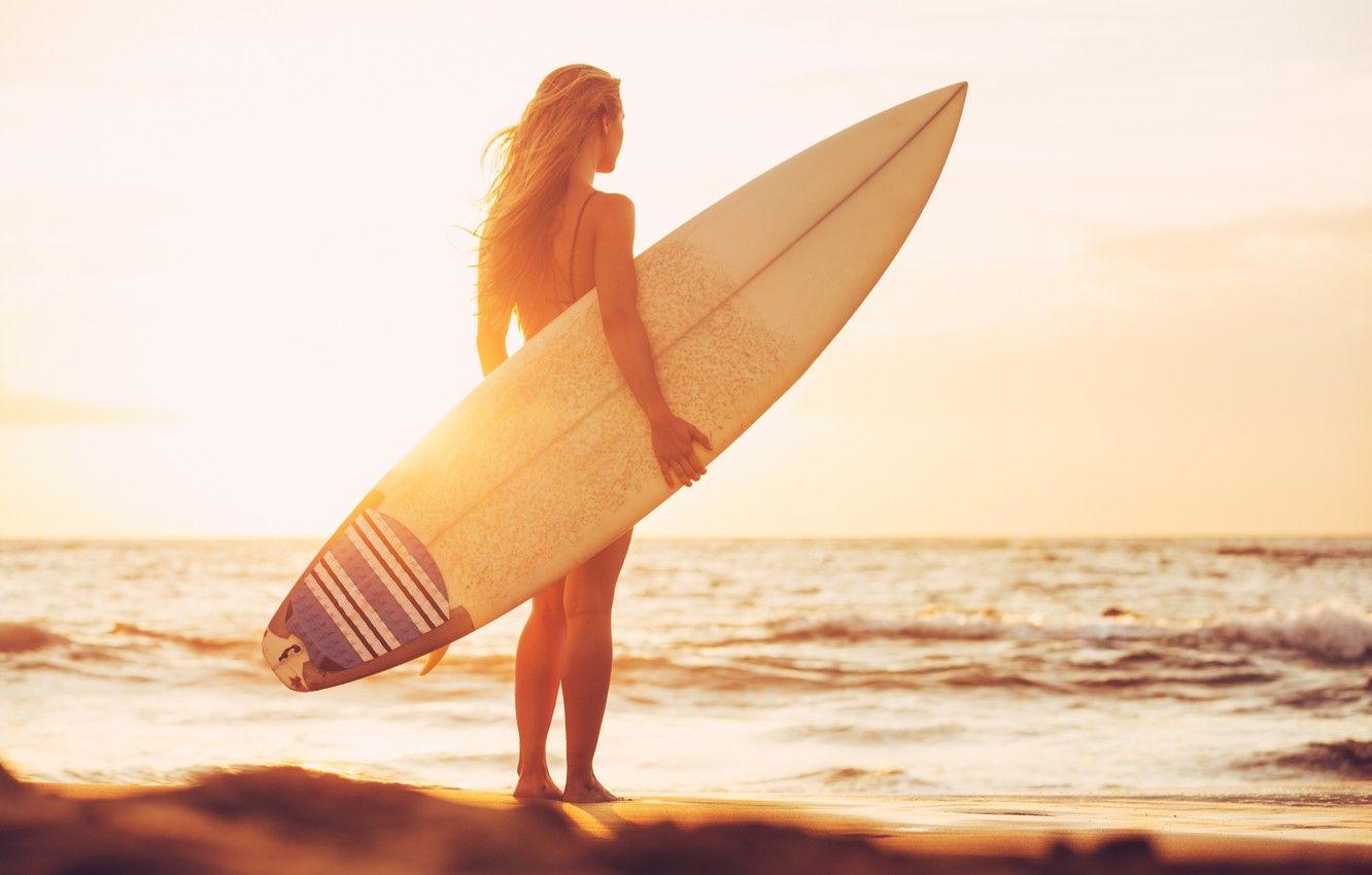 1332x850 Wallpaper Girl, Beach, Sunset, Surfing, Surfboard image for desktop, section спорт