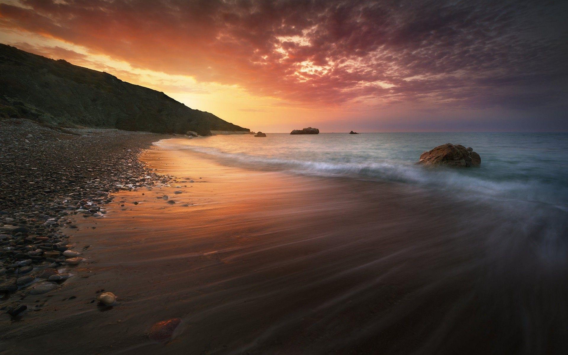 1920x1200 Cyprus, Nature, Sea, Water, Sunset, Clouds, Beach, Stone