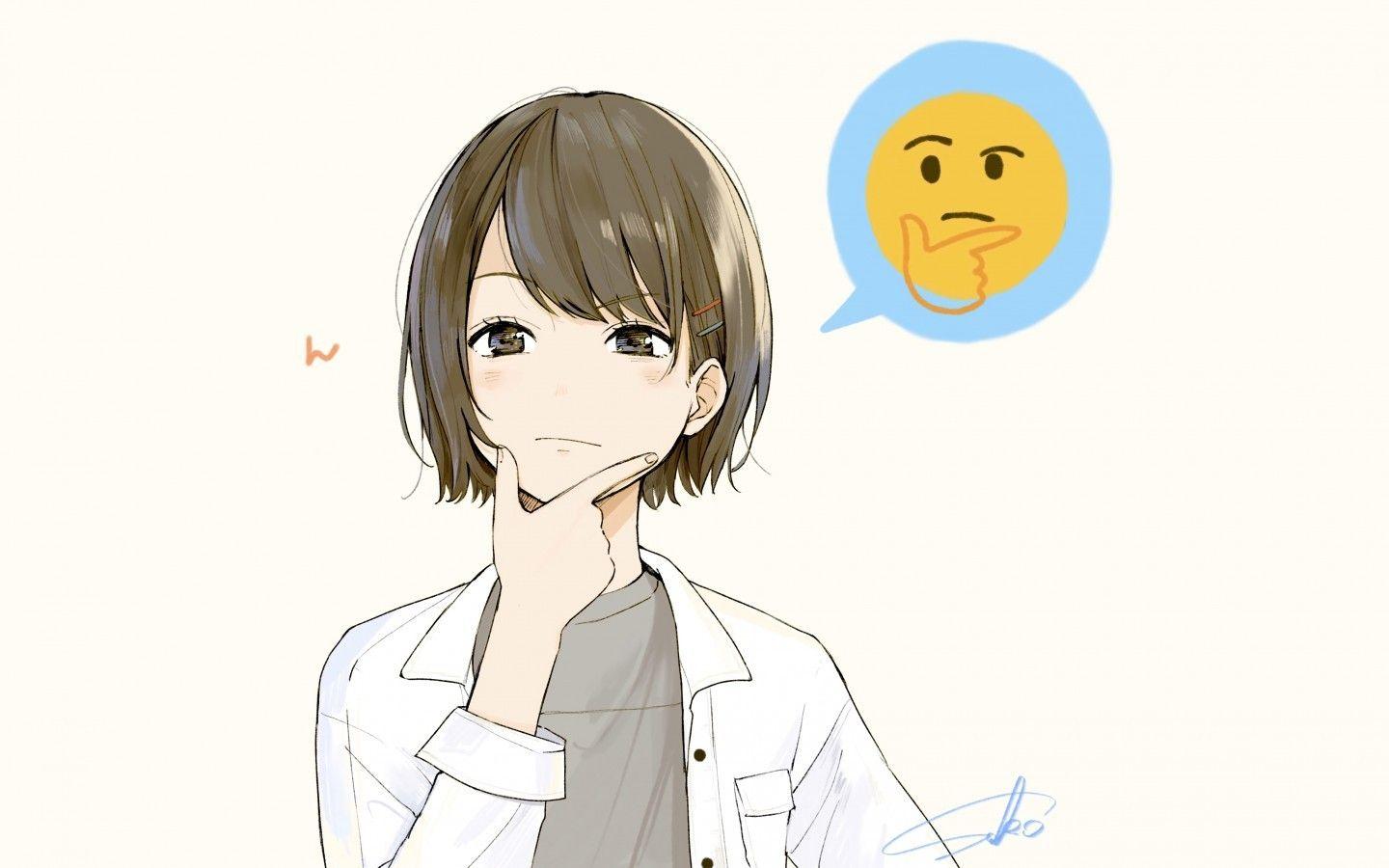 1440x900 Download 1440x900 Anime Girl, Thinking Emoji, Brown Hair