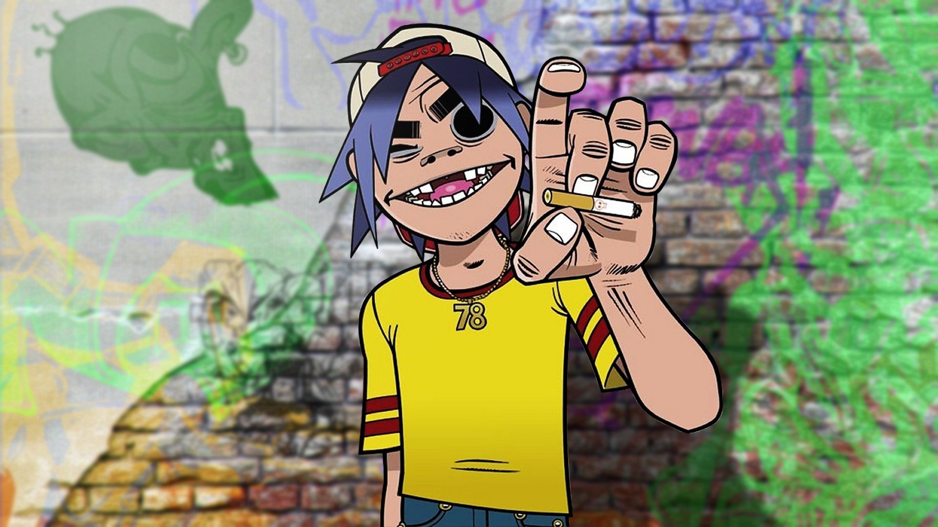 1920x1080 Wallpaper wall, cartoon, gorillaz