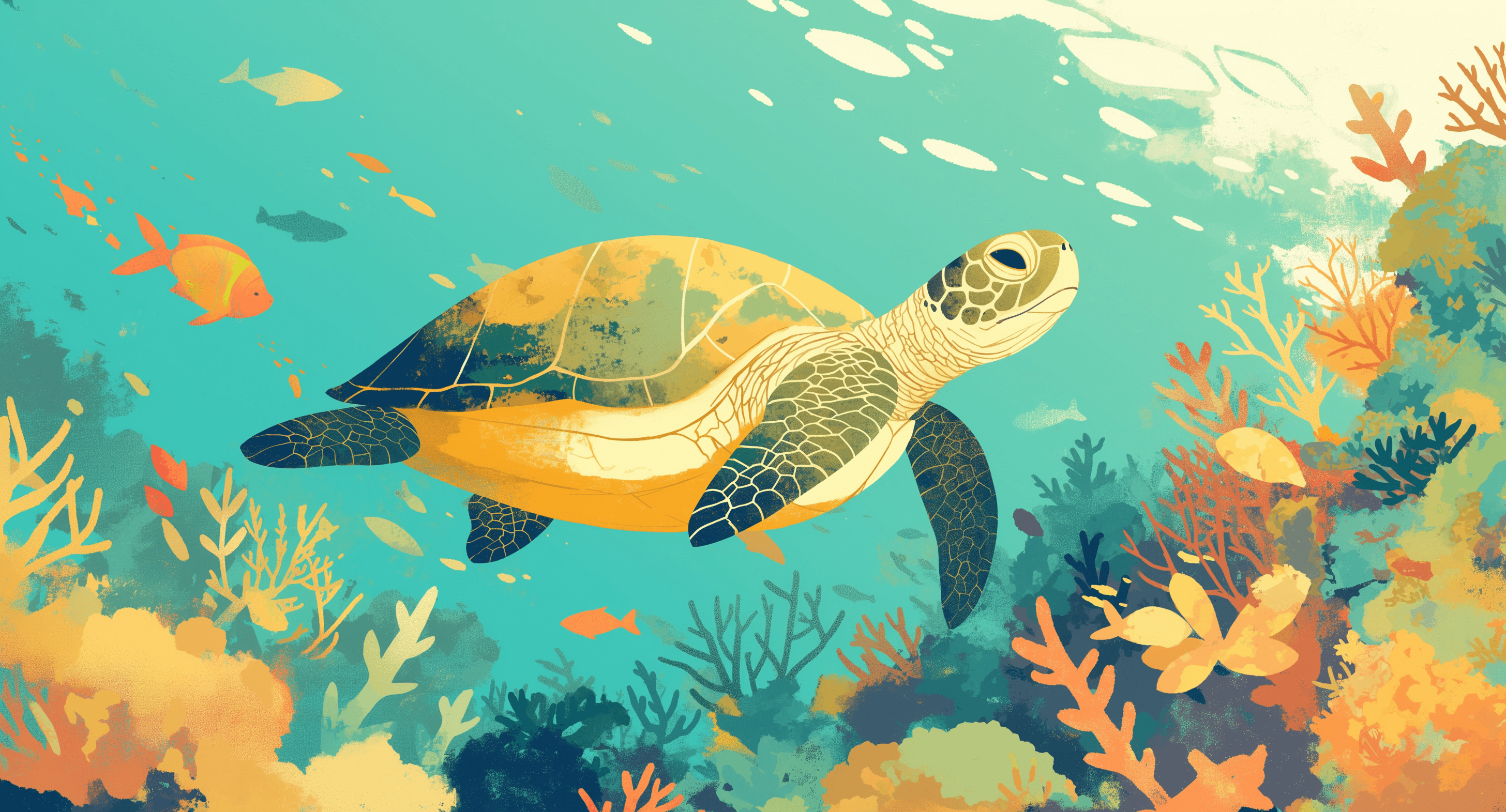 2912x1571 Turtle Wallpaper. Aquatic Swim with Coral
