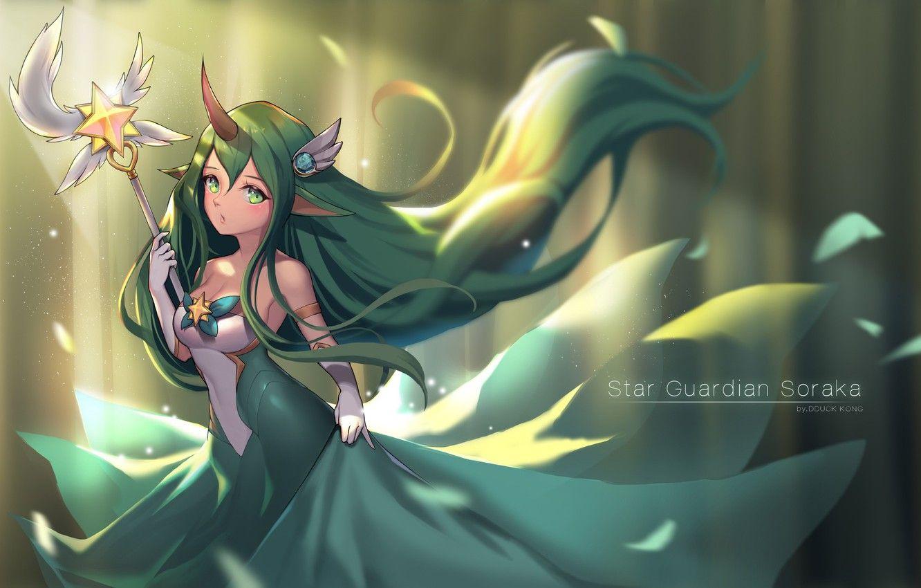 1332x850 Wallpaper green, girl, star, dress, Soraka, powerful, strong