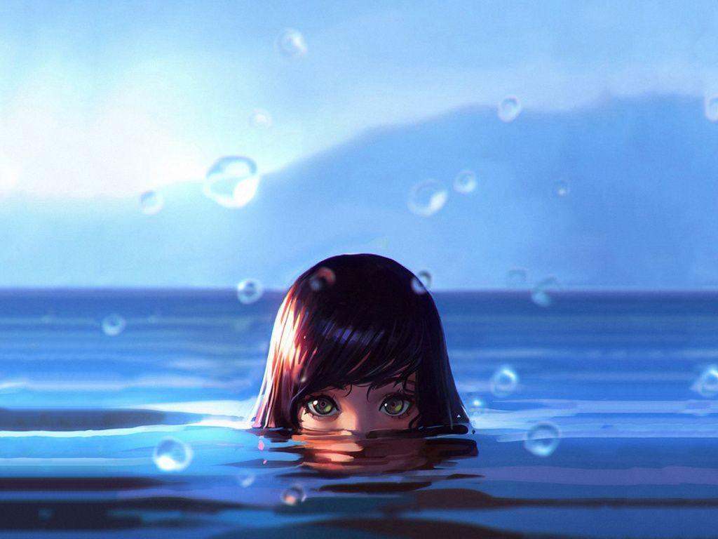 1024x768 Desktop wallpaper swim, girl, drops, face, art, HD image