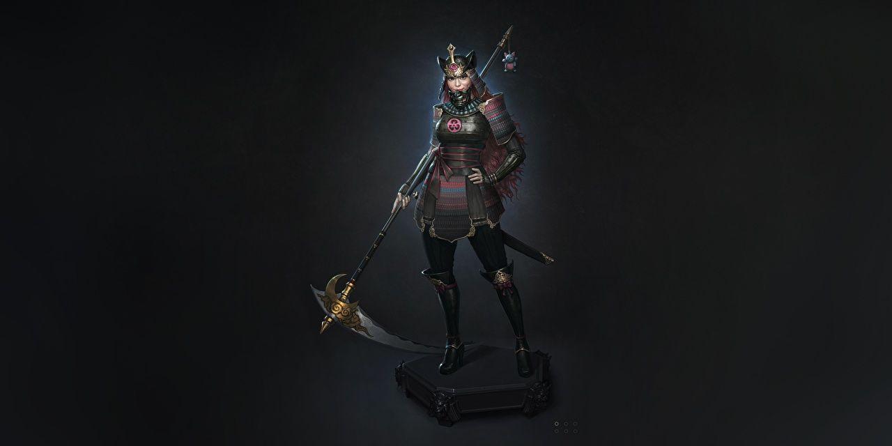 1280x640 Photo armour Scythe Japanese Warriors Dan Pogrebn female Fantasy