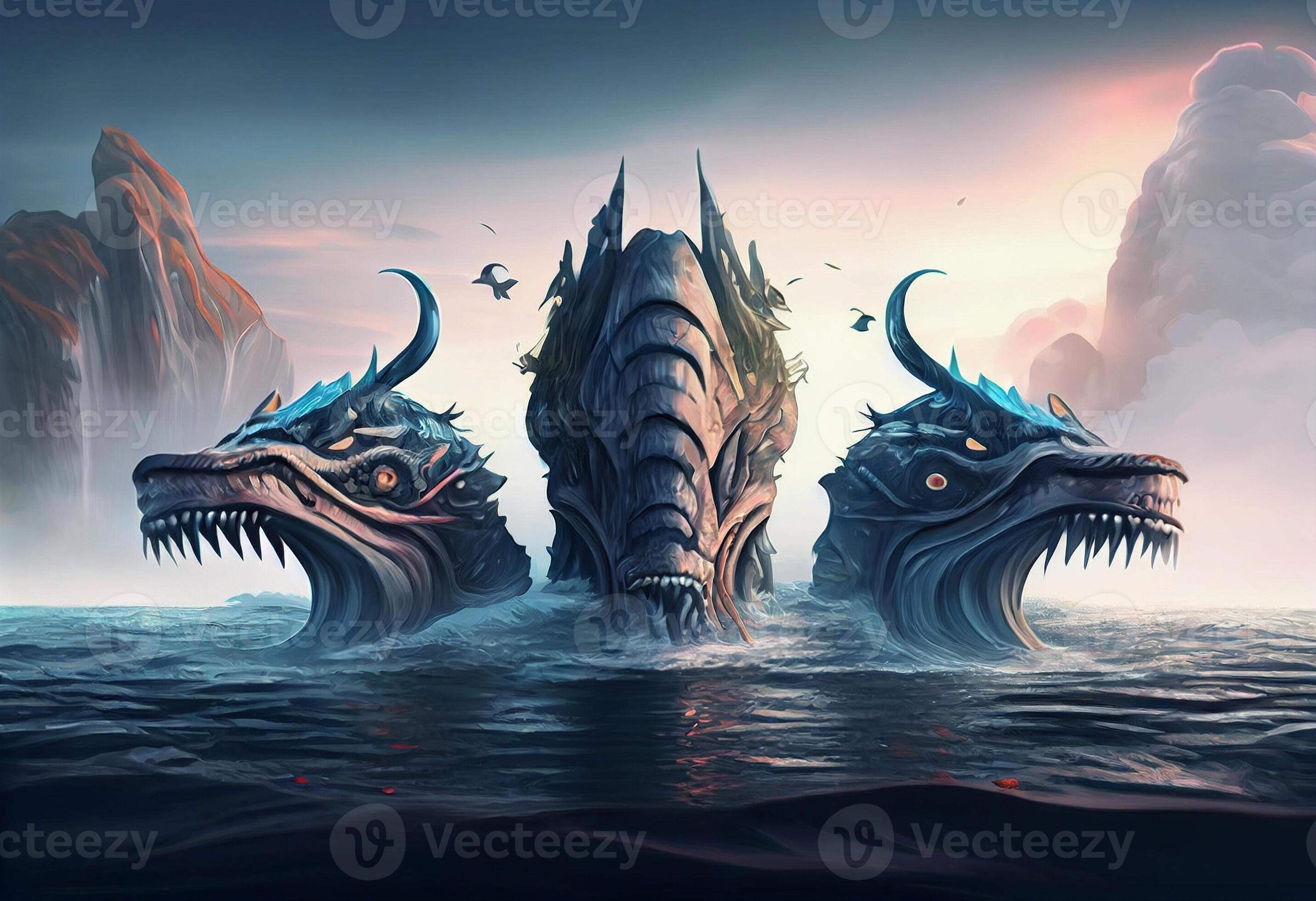 2864x1960 Three head sea monster fantasy 3D