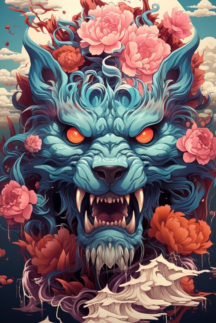 736x1103 Japanese Monster Head Design: Flat