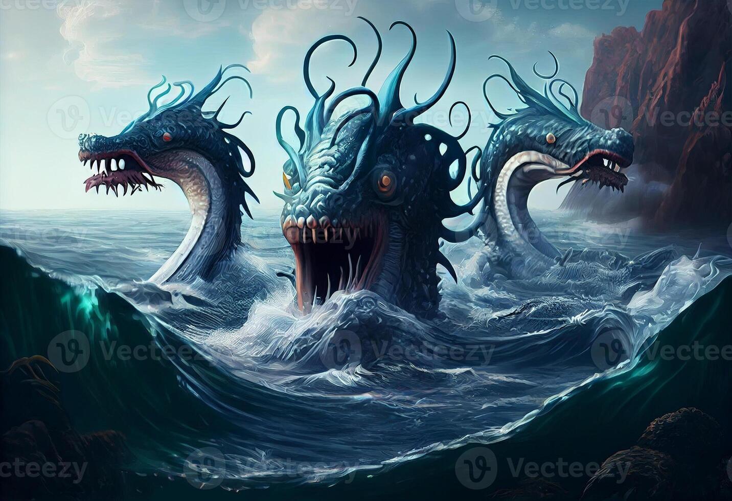 1432x980 Three head sea monster fantasy 3D