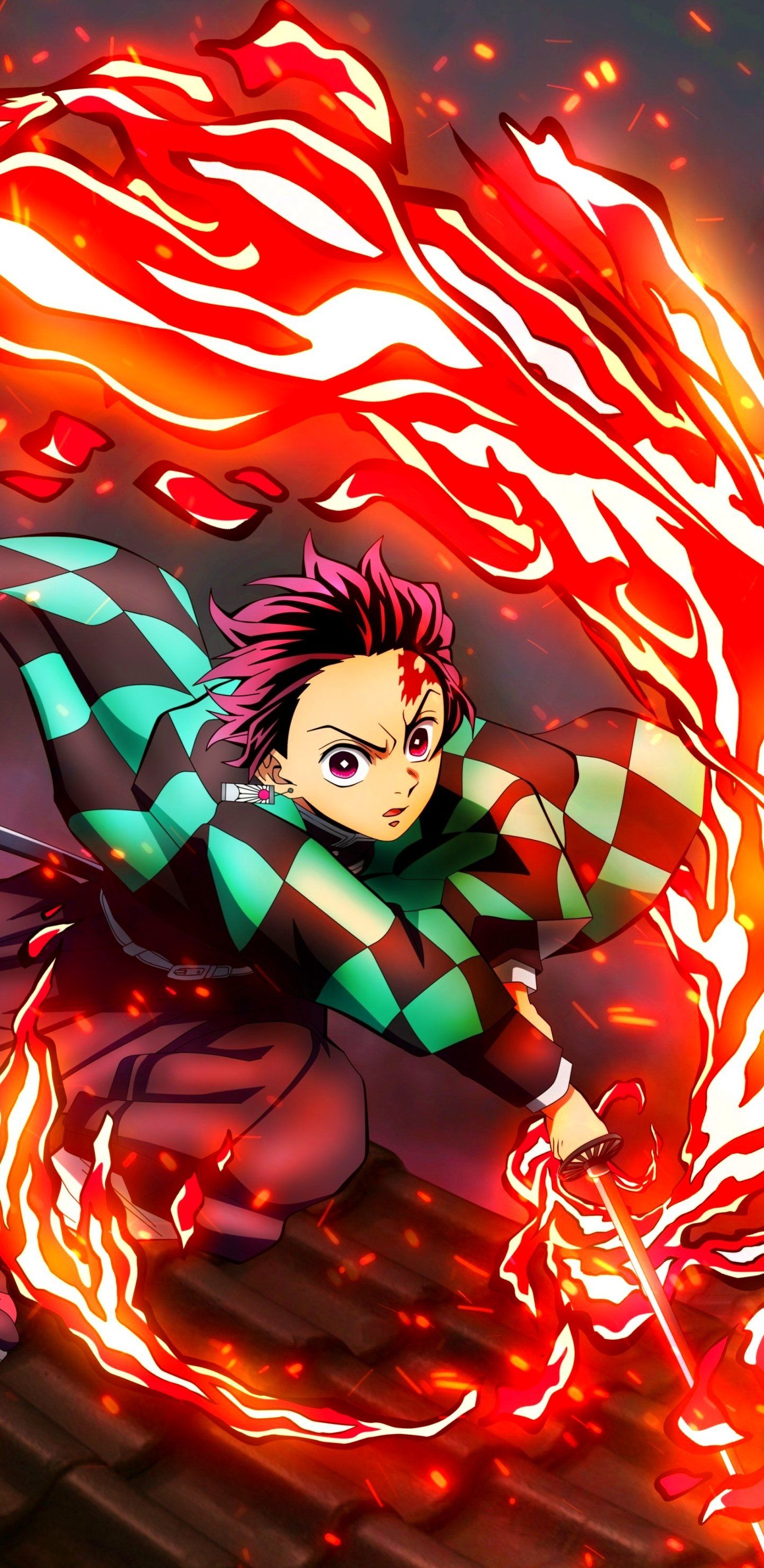 1442x2961 Tanjiro Kamado's Fiery Demon Slayer Anime Wallpaper